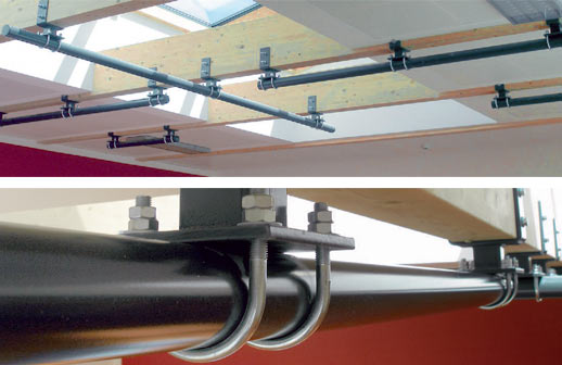 LOQUITO-Rohrsystem direkt an Deckenbindern angebracht (Variante �Rohrkreuz plus erg�nzende Einzelrohre�)